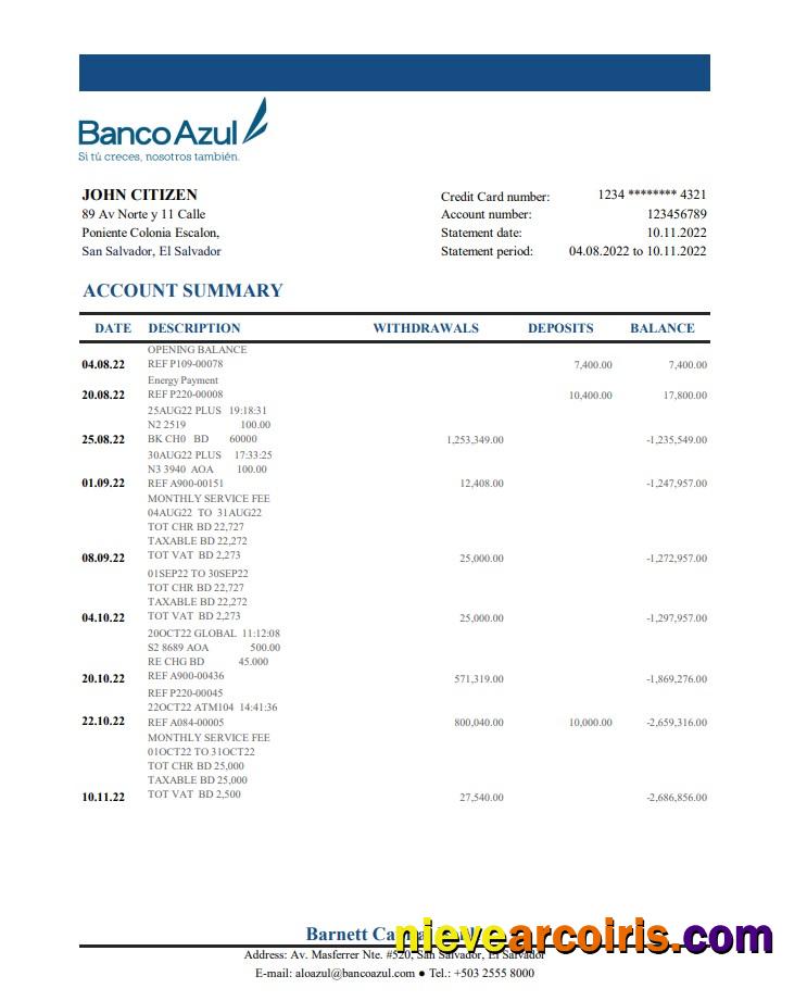 Salvador Banco Azul bank statement xls